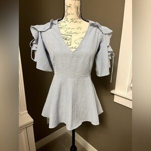 NWT Blue White Stripe Ruffle Blouse Cold Shoulder Peplum Top Small